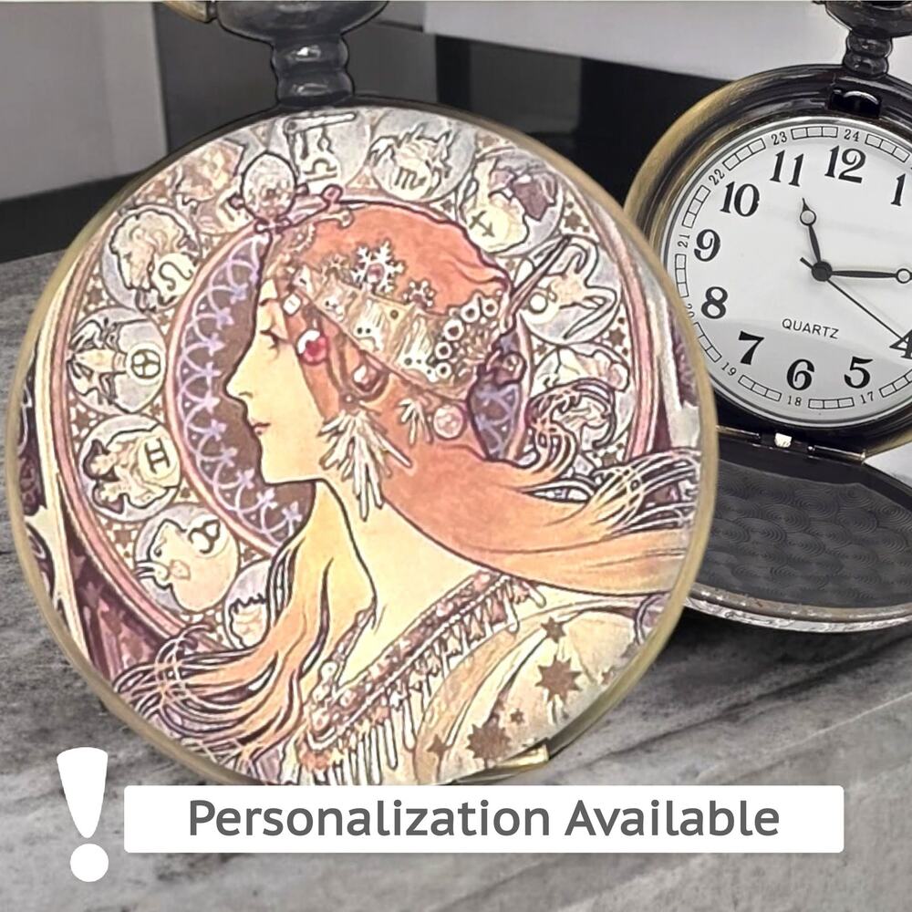 Art Nouveau Zodiac Pocket Watch - Mystic Goddess Astrological Design Custom Gift